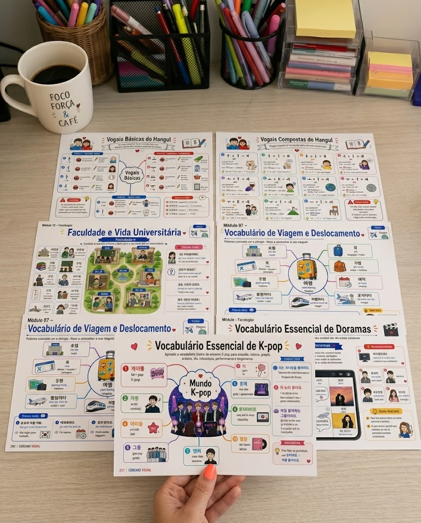 Aluna organizando mapas mentais de Vogais, Faculdade, Viagem e K-pop sobre a mesa